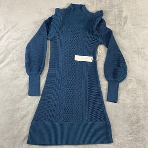 Happy Nature Blue Knit Mock Neck Ruffle Sleeve‎ Sweater Dress XS Boho Dinner NWT